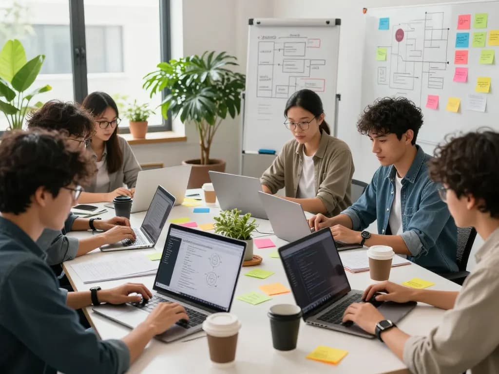 Team collaborating on juicy ai software development in a bright tech workspace.
