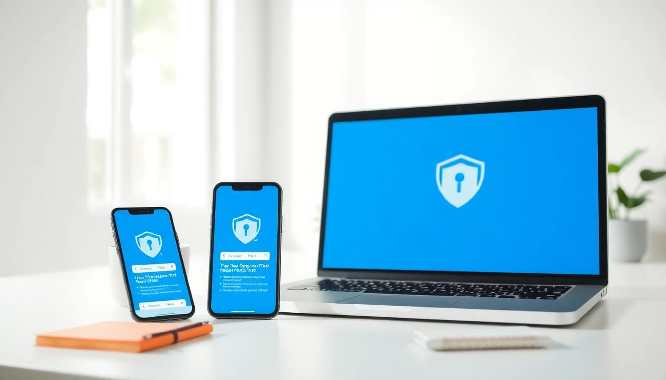 快连下载在多设备上的现代化VPN应用界面中展示，位于明亮的工作区。
