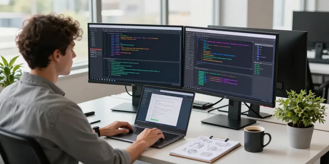快连用户在现代办公室中进行软件开发，桌面上有代码和用户界面设计，营造高效工作氛围。