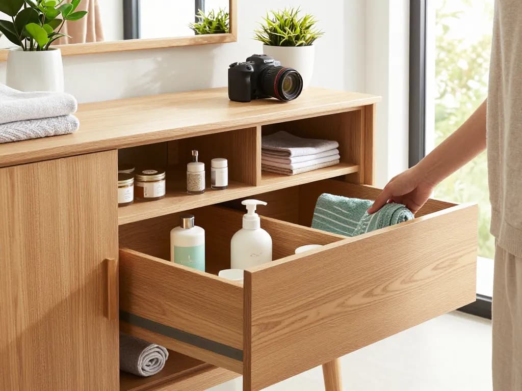 Stijlvolle badkamer kasten in een serene badkamer setting, die de elegantie van massief eikenhout en georganiseerde schoonheid tonen.