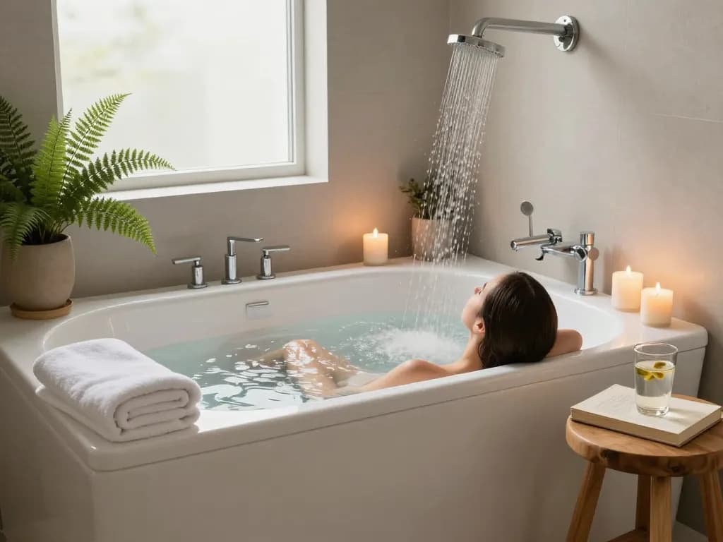 Relaxen in een stijlvol zitbad in een serene moderne badkamer met rustgevende decoratie.