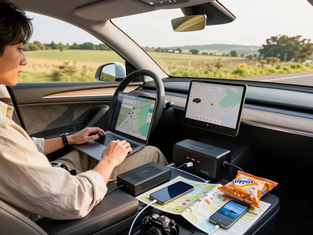 Interieur van een auto dat een omvormer in actie toont terwijl apparaten opladen tijdens een roadtrip.