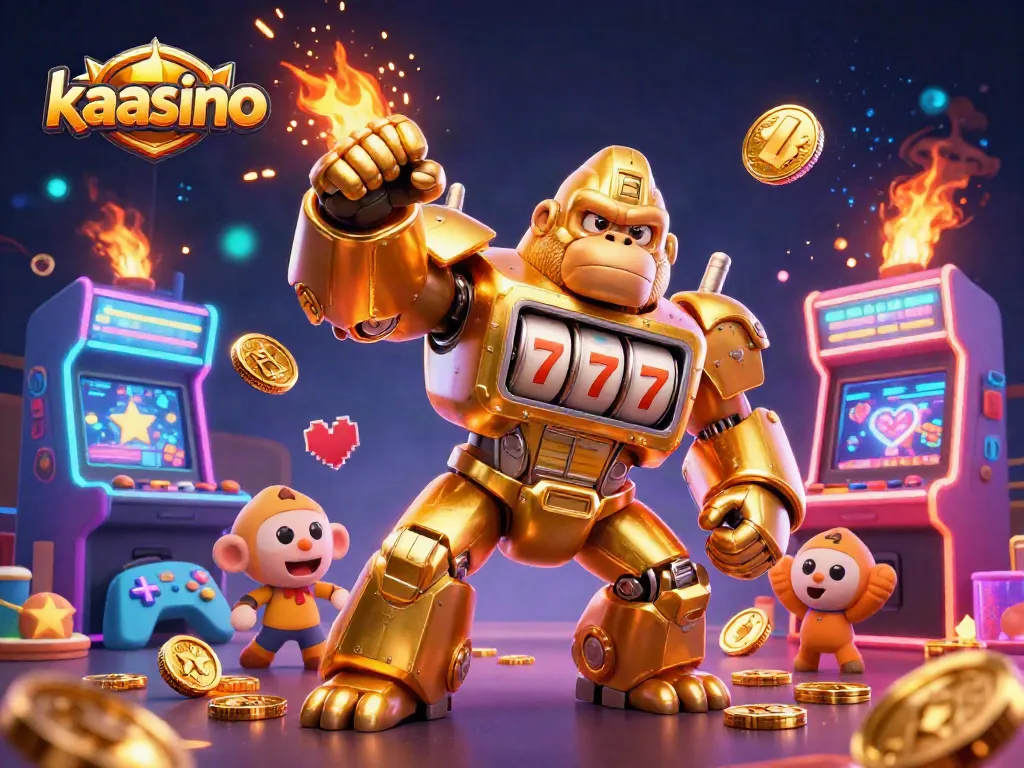 Experience the thrill of kaasino with a vibrant 3D gaming scene showcasing a golden gorilla mech.