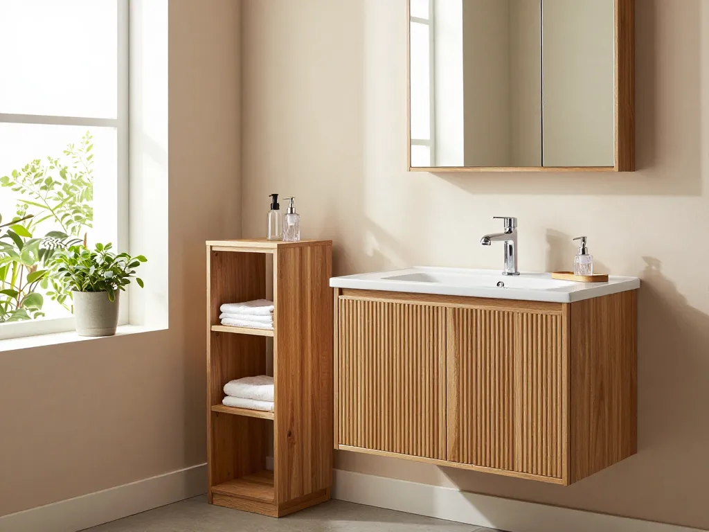 Modern badkamer met elegante badkamer kasten in eikenhout met ribbelontwerp, weerspiegeld in stijlvolle decoratie.