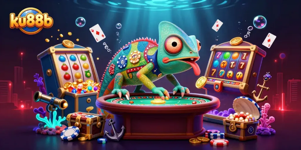 Watch the dynamic ku88b gaming scene with a colorful chameleon casino owner enjoying floating slot reels