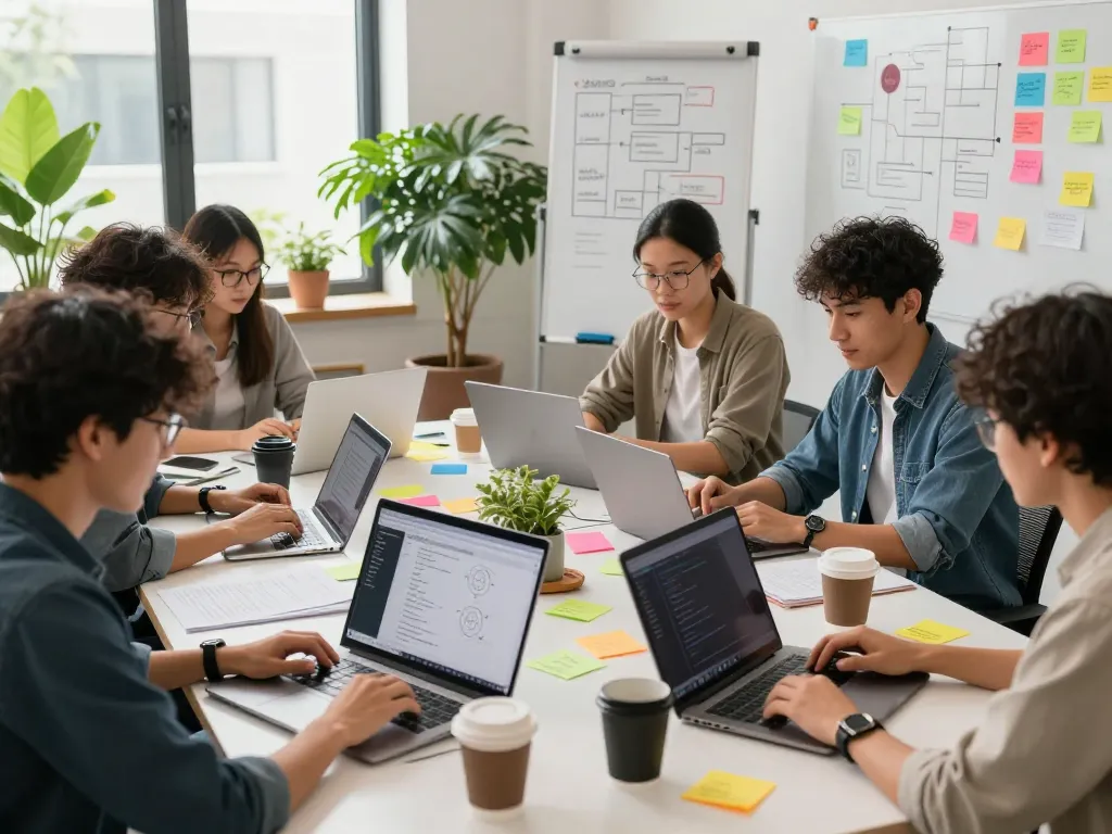 Team collaborating on juicy ai software development in a bright tech workspace.