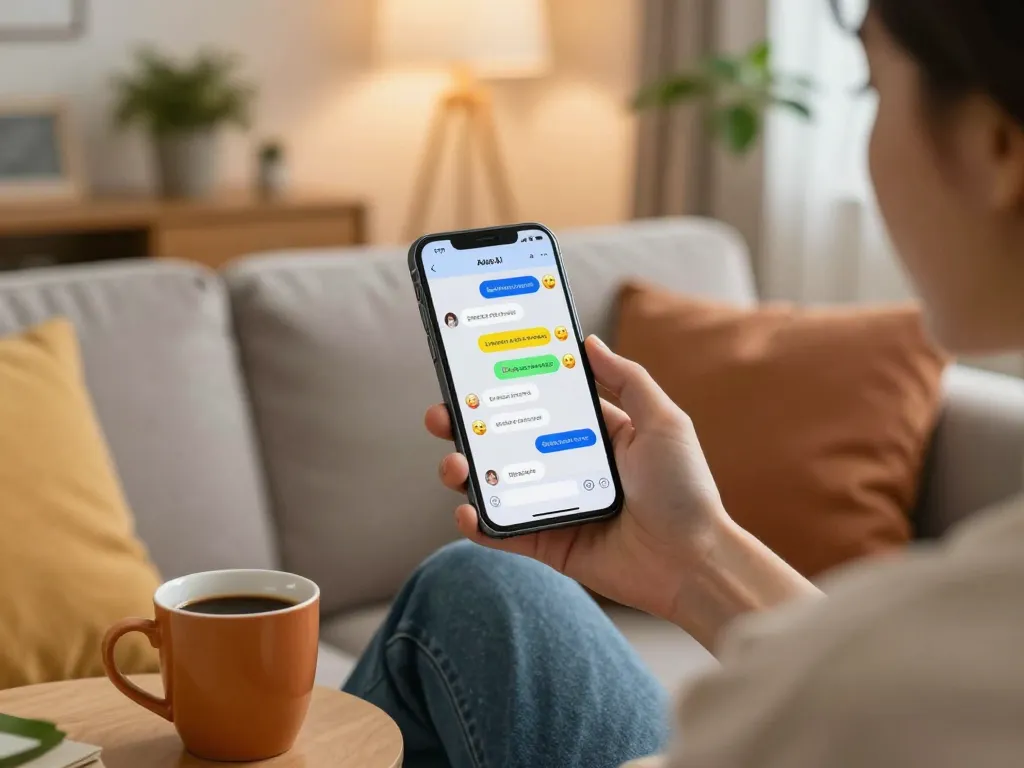 Engaging scene using spicy chat ai on a smartphone in a cozy living room.