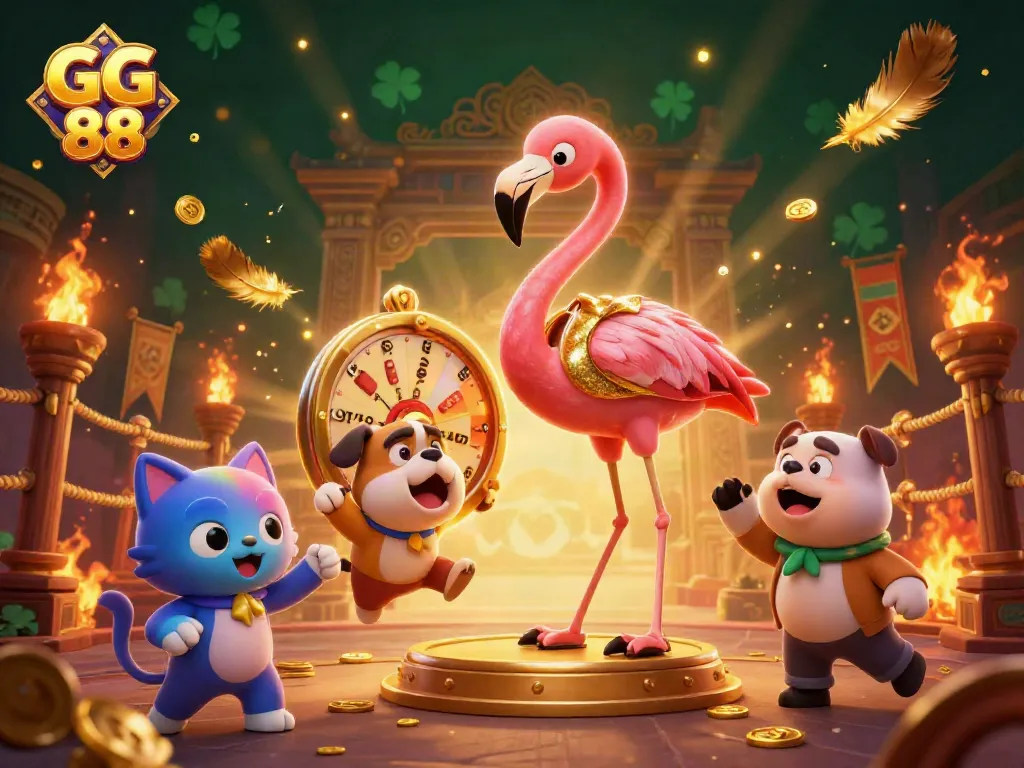 GG 88 celebrates with a flamingo host spinning a prize wheel amidst a lively casino scene.
