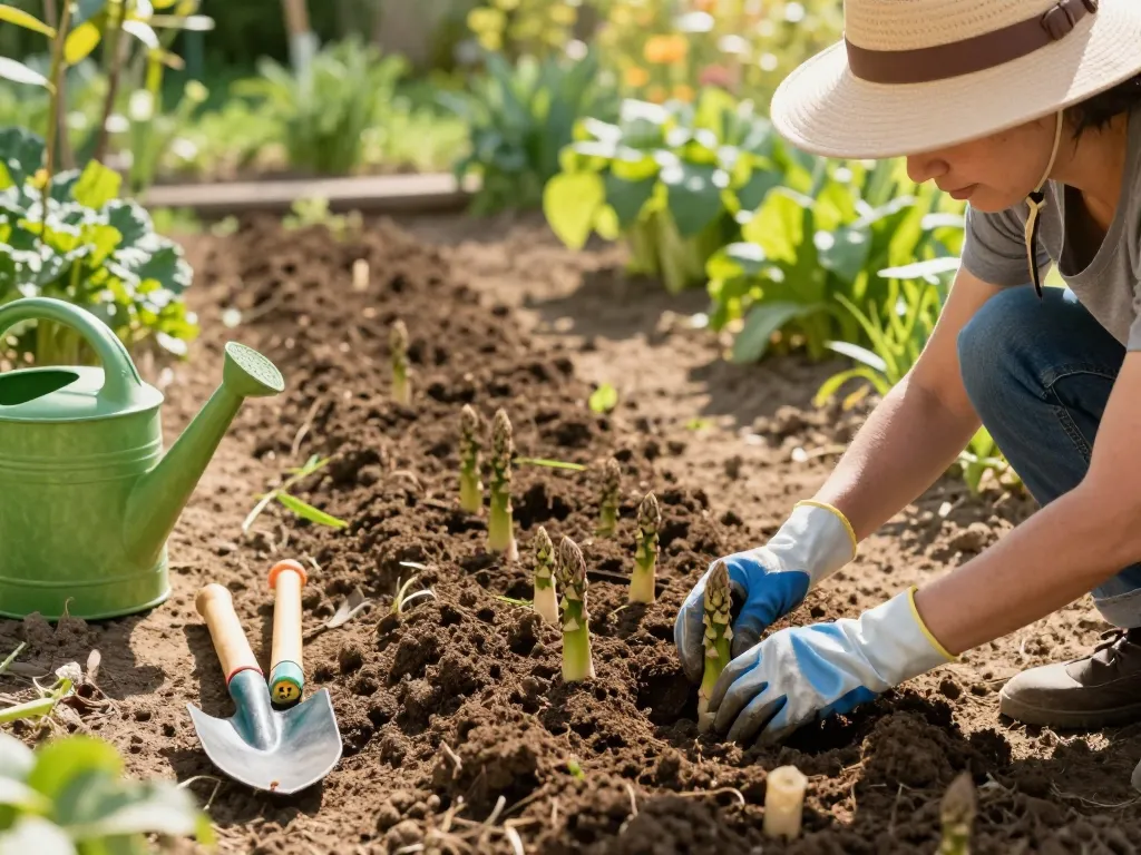 Gardener planting asparagus crowns in a vibrant garden scene, showcasing the process of asperges planten.