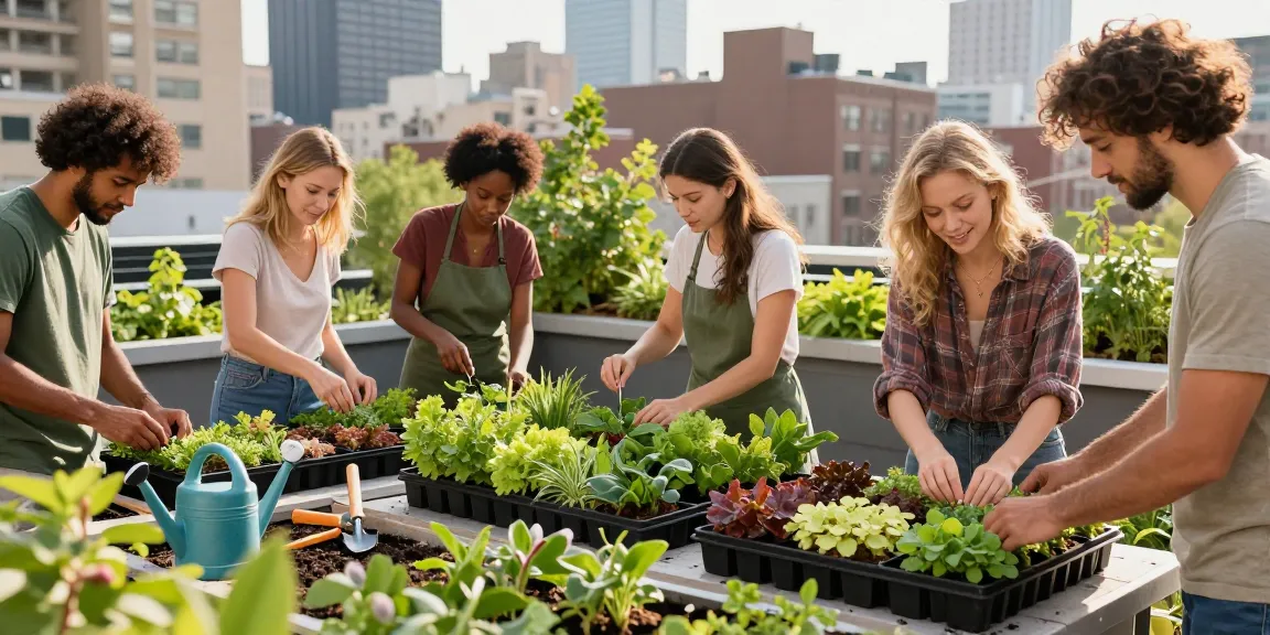 Gemeenschapsleden installeren samen sedum daken op een daktuin.