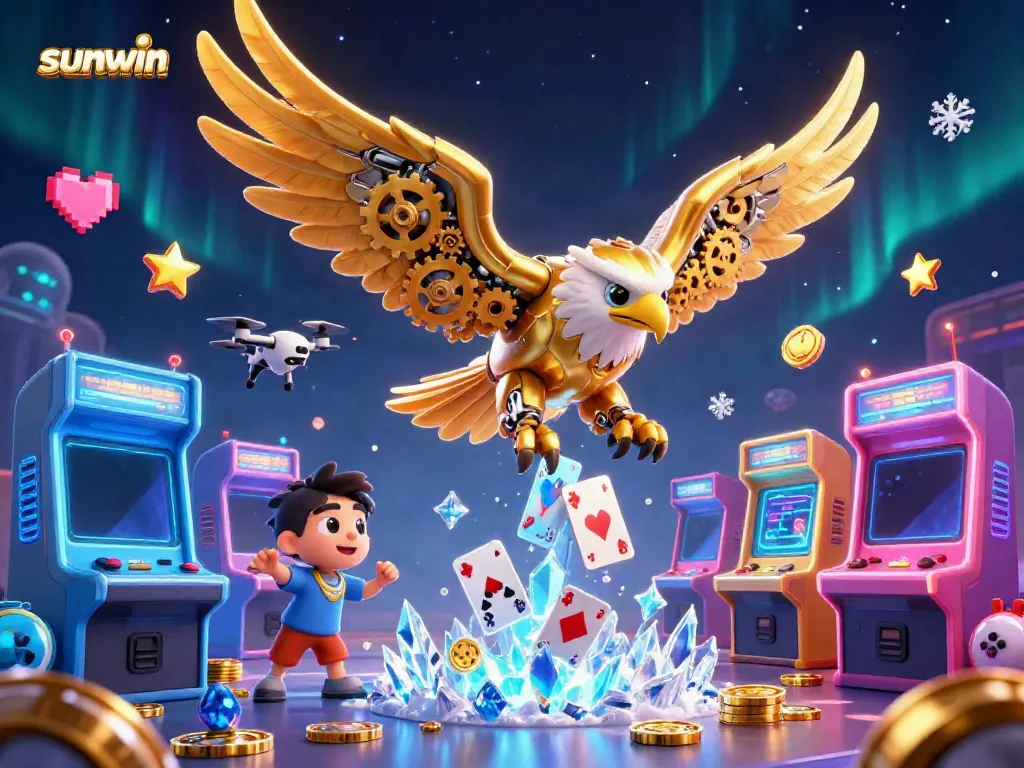 Experience the thrilling dive of sunwin's cybernetic eagle amidst vibrant holographic game elements.