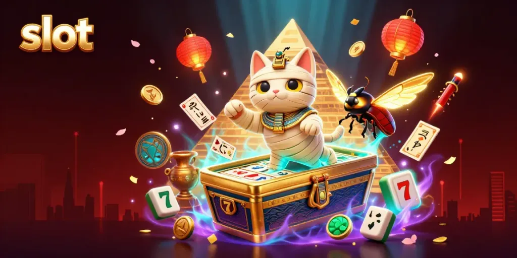 Experience thrilling slot gameplay with an Egyptian mummy and golden sarcophagus in this vibrant 3D casino scene.