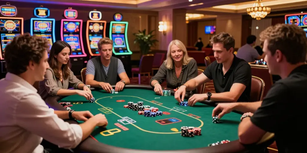 GTSpins Casino NL met spelers aan de poker tafel en kleurrijke gokkasten op de achtergrond.