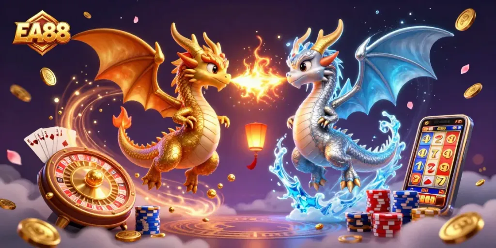 Engage with EA88 casino action featuring gold and silver dragons amidst thrilling gaming elements.