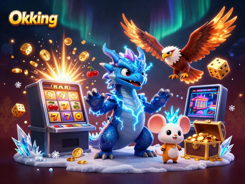 Engage in thrilling gaming with Okking's exciting animated dragon, hawk, and casino elements.