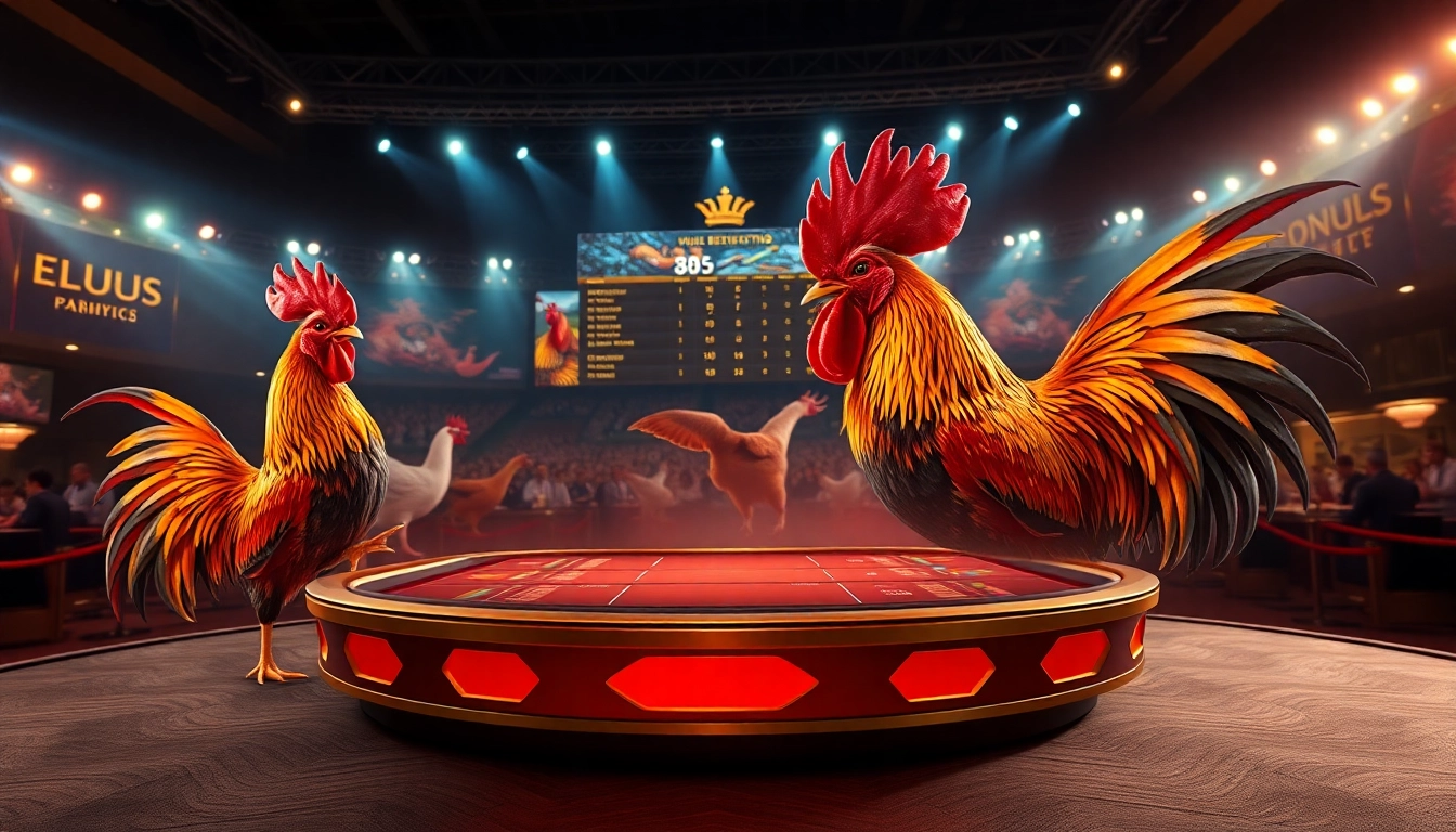 Engage in đá gà trực tiếp with vibrant live betting graphics and odds displayed on an elegant table.