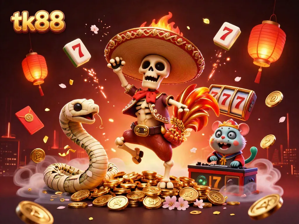 Experience the vibrant world of tk88 with a dynamic scene featuring a mariachi rooster and game elements.