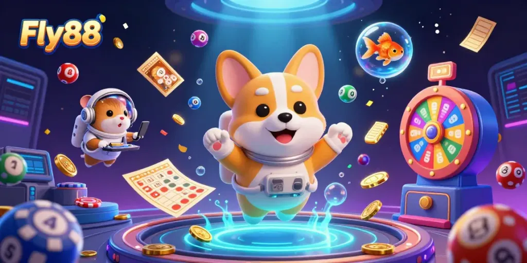 Join the excitement at Fly88 with a unique casino experience featuring a charming corgi and colorful prizes.