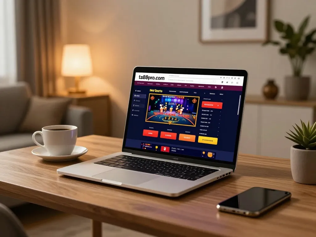 Engaging online gaming scene at ta88pro.com showcasing casino interface on a sleek laptop with warm lighting.