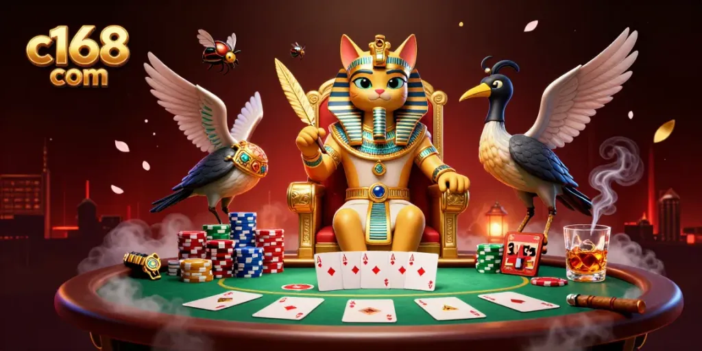Experience the thrill at c168 com with vibrant 3D casino-themed artwork featuring a pharaoh cat.