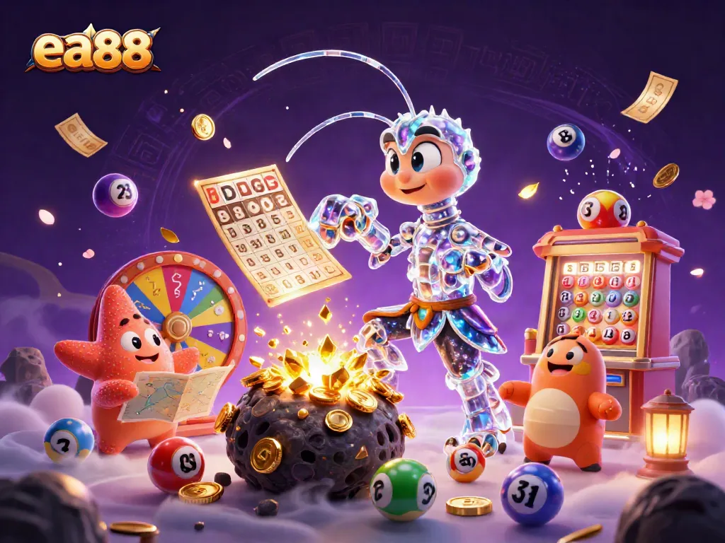 Engage with the thrilling ea88 gaming scene featuring a galactic samurai mantis shrimp amidst gold coins and colorful lottery elements.