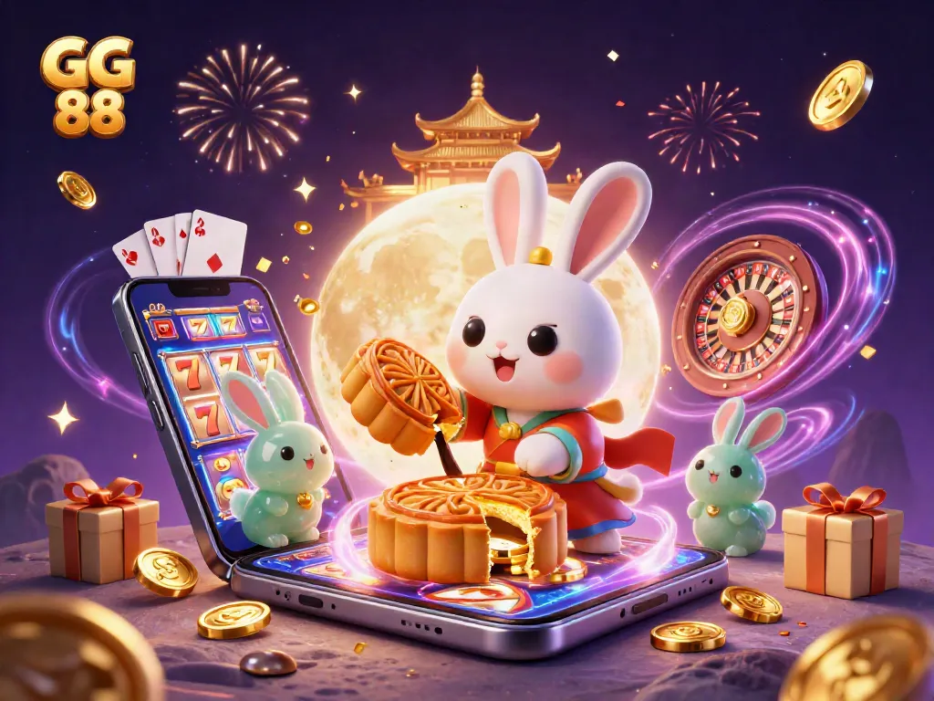 Join the GG 88 moon rabbit in a vibrant casino scene with poker chips hidden in mooncakes.