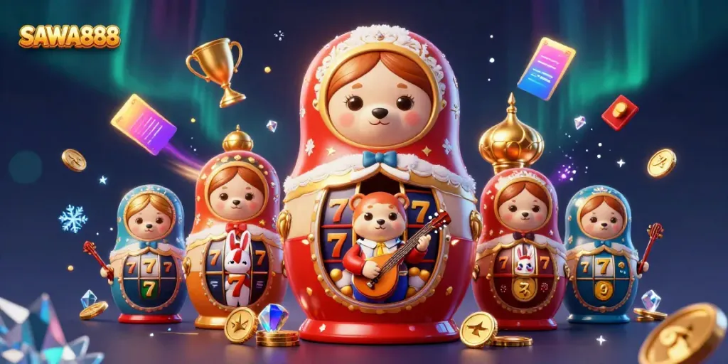 SAWA888 features a vibrant 3D scene with cartoon bears and casino elements, promoting a thrilling gaming experience.