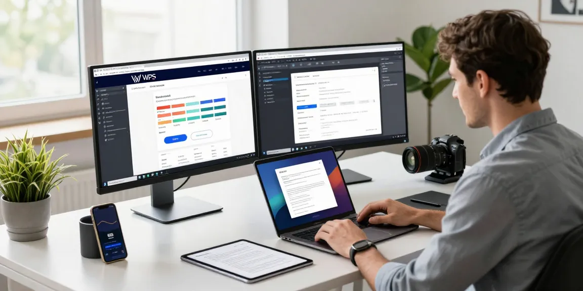 Professional workspace showcasing WPS Official Website on laptop with engaging design elements.