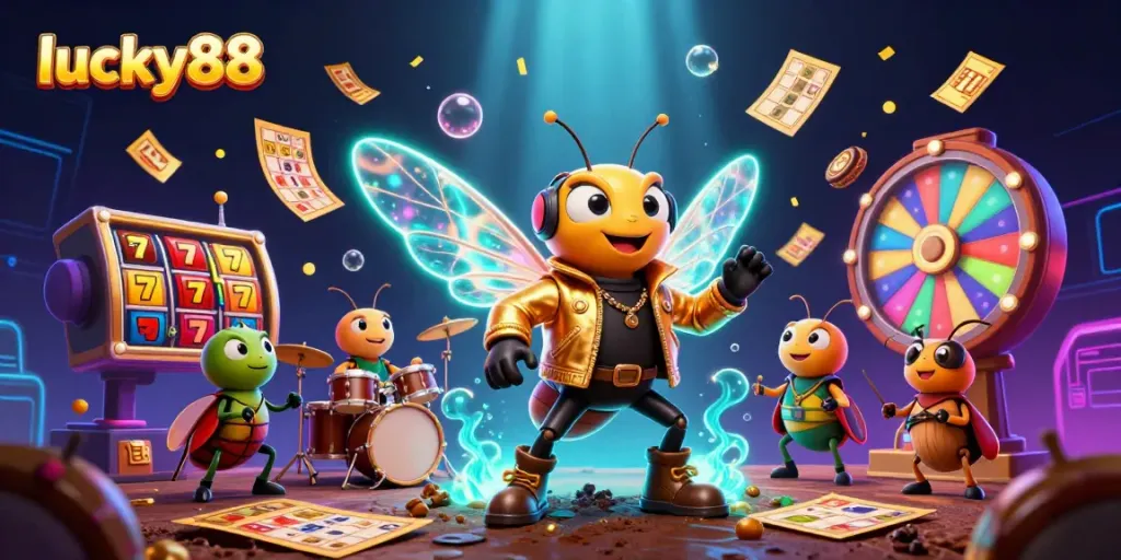 Experience the energetic emergence of lucky88's rock star characters surrounded by vibrant casino elements.