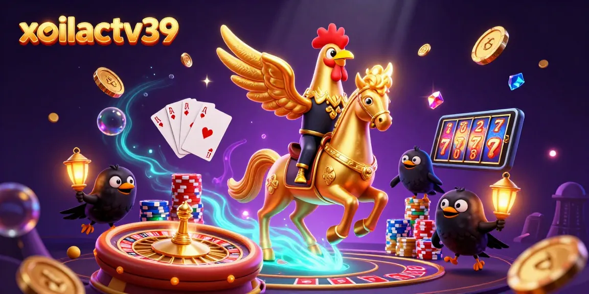 Experience excitement with xoilactv39's vibrant casino scene featuring a golden rooster and dazzling gaming elements.