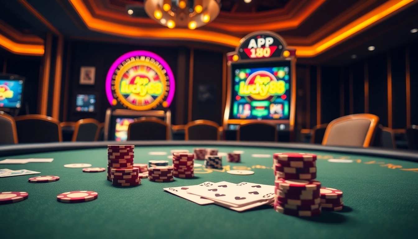 Experience the thrill of winning with App Lucky88 on a vibrant casino scene featuring luxurious gaming elements.