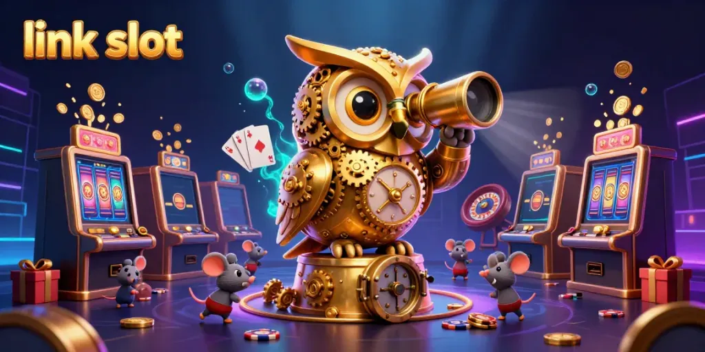 Experience the excitement of link slot games as golden owls oversee a lively virtual casino scene.