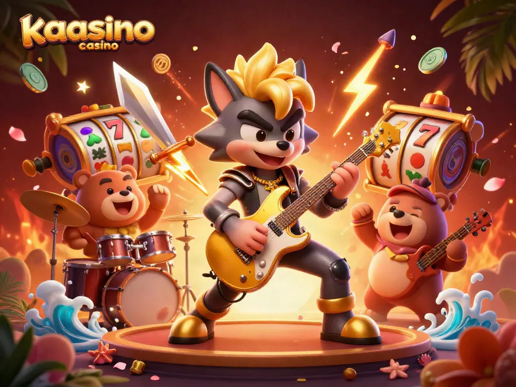 Kaasino casino showcases a vibrant 3D scene with a rock star wolf and a drummer bear amidst slot reels and festive elements.