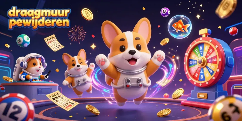 Draagmuur verwijderen met kleurrijke casinospellen en een vrolijke ruimtehond in een ruimtecasino.