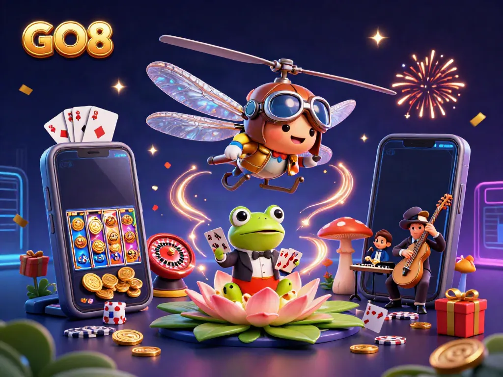 GO8 gaming excitement with a vibrant casino scene featuring a dragonfly pilot and frog croupier.