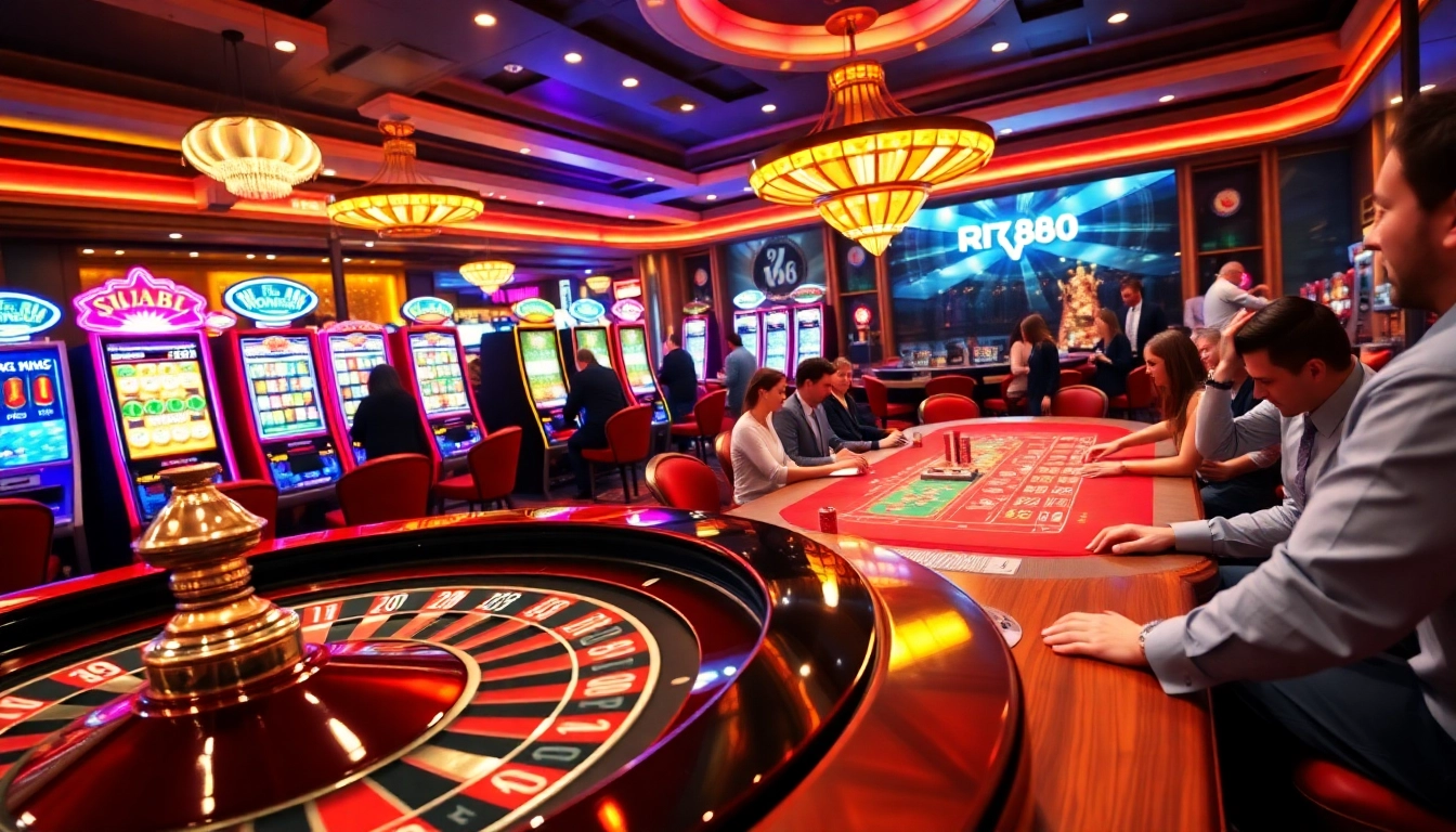 rr88 game players betting at a luxurious casino, highlighting poker chips and roulette action.