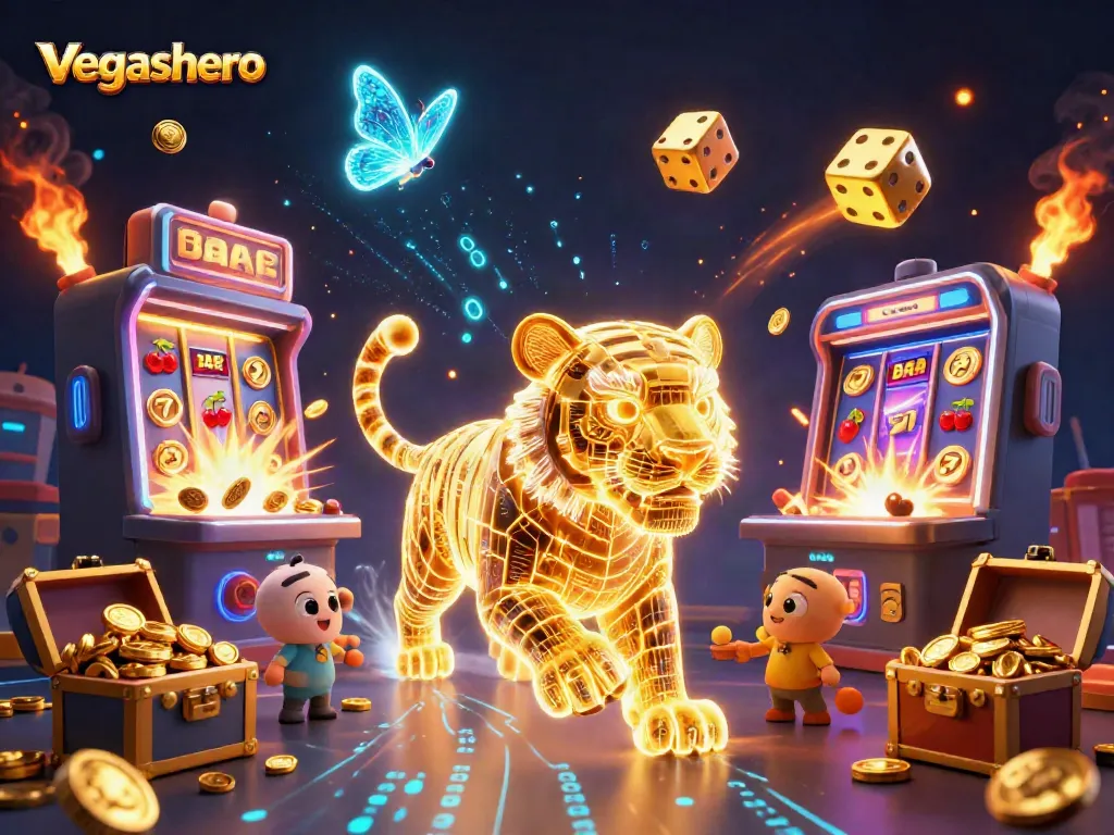 Experience the vibrant magic of vegashero's digital casino with a neon tiger and exciting game elements.