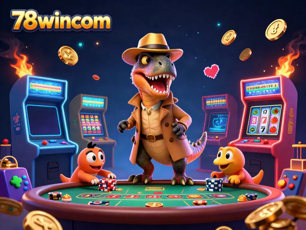 Experience the thrill of gaming at 78wincom with a vivid illustration of a velociraptor at a blackjack table, surrounded by casino elements.