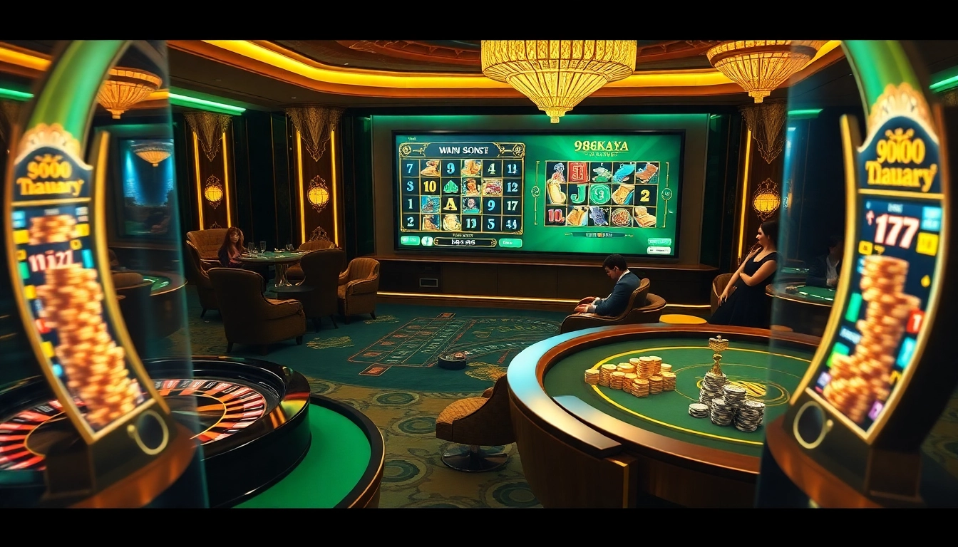 Experience thrilling gameplay with the 918kaya APK in a luxurious casino setting featuring vibrant slot machines.