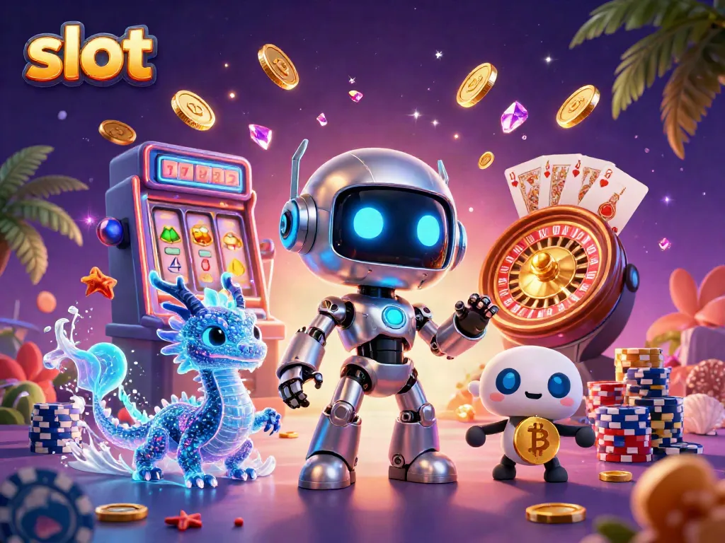 Experience the thrill of slots with a whimsical robot and dragon in a vibrant casino scene.