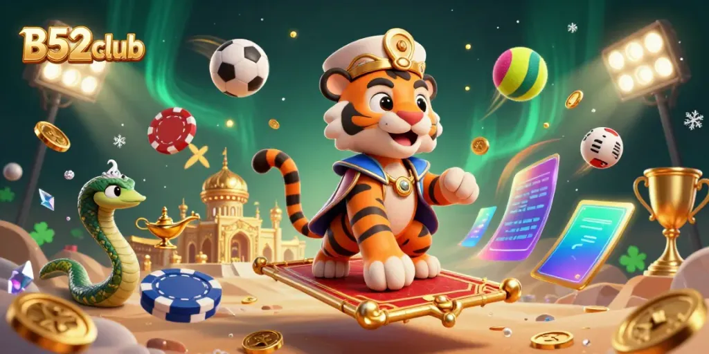 Experience the thrill of B52club with a vibrant casino-themed illustration showcasing gaming excitement.