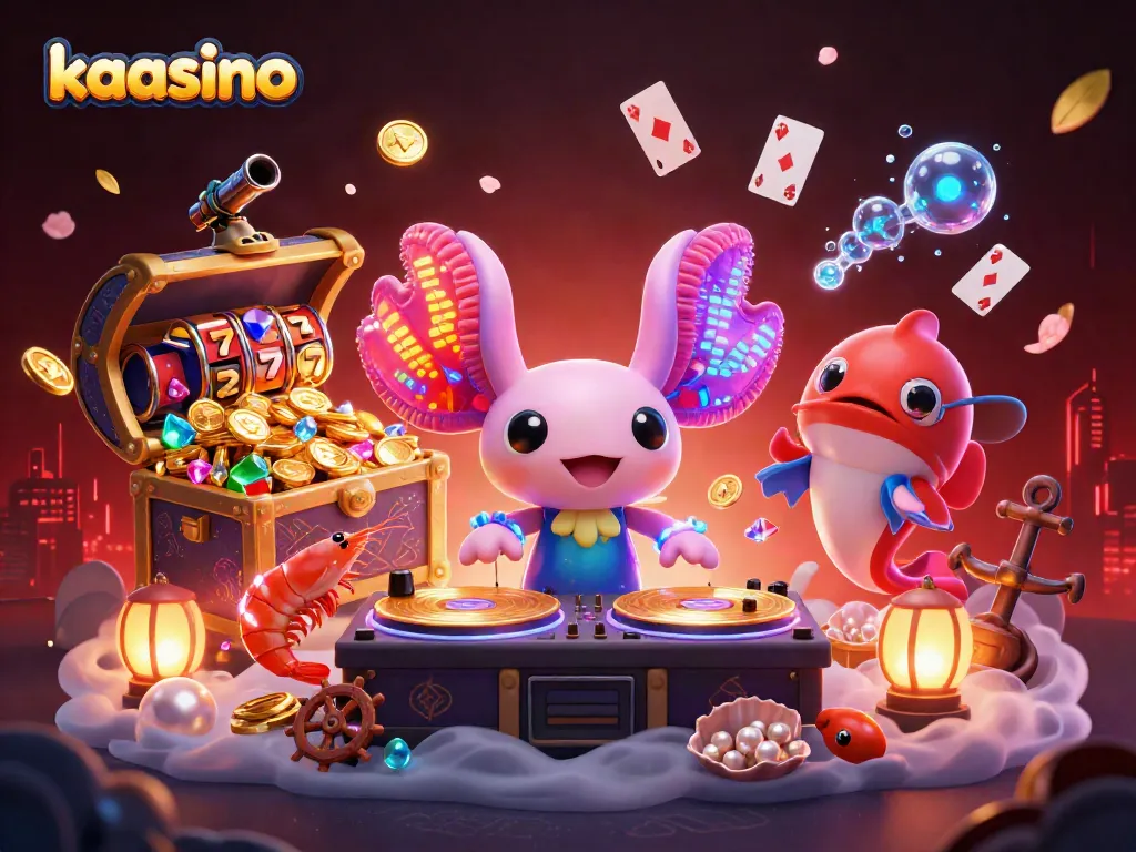 Experience the thrill of kaasino gameplay with a vibrant underwater casino scene featuring a DJ axolotl and lively characters.