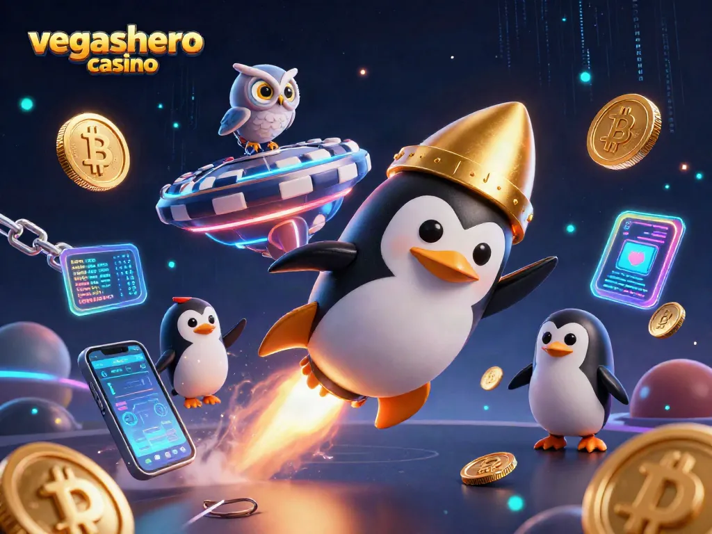 Experience the excitement of vegashero casino with golden penguins and crypto elements in a vibrant space