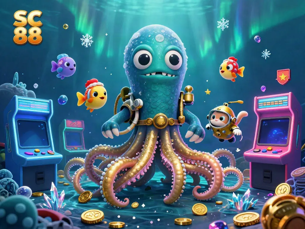 Experience exciting gameplay with SC 88 as a colossal kraken, diving cat, and glowing fish create a vibrant casino scene.