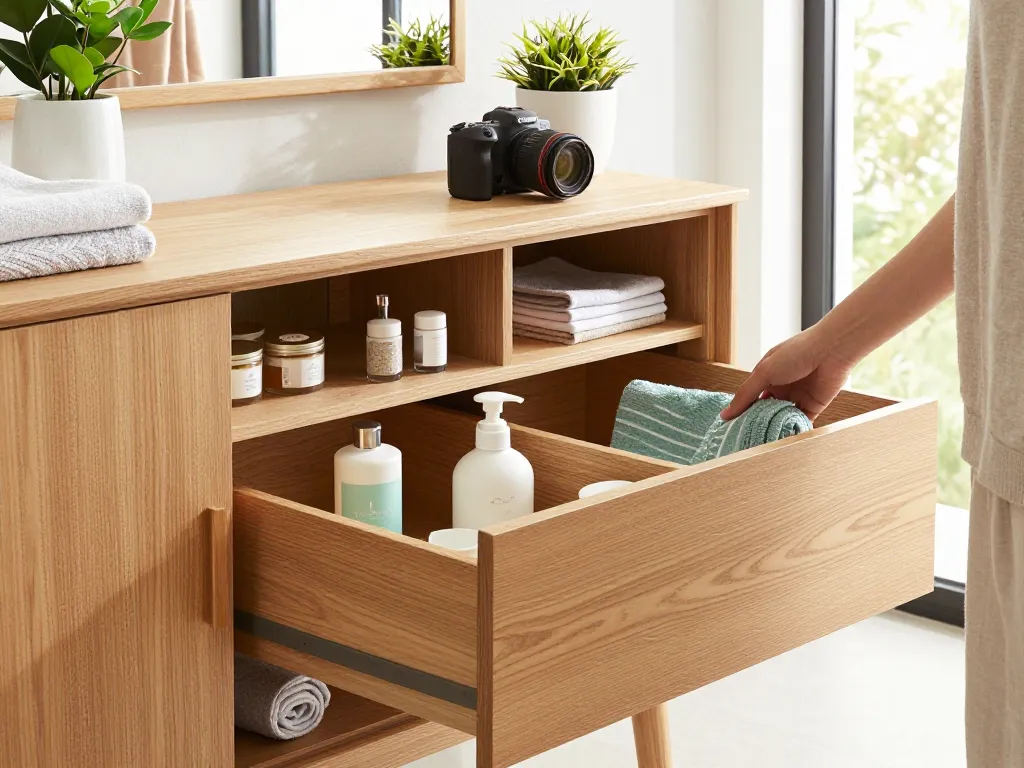 Stijlvolle badkamer kasten in een serene badkamer setting, die de elegantie van massief eikenhout en georganiseerde schoonheid tonen.