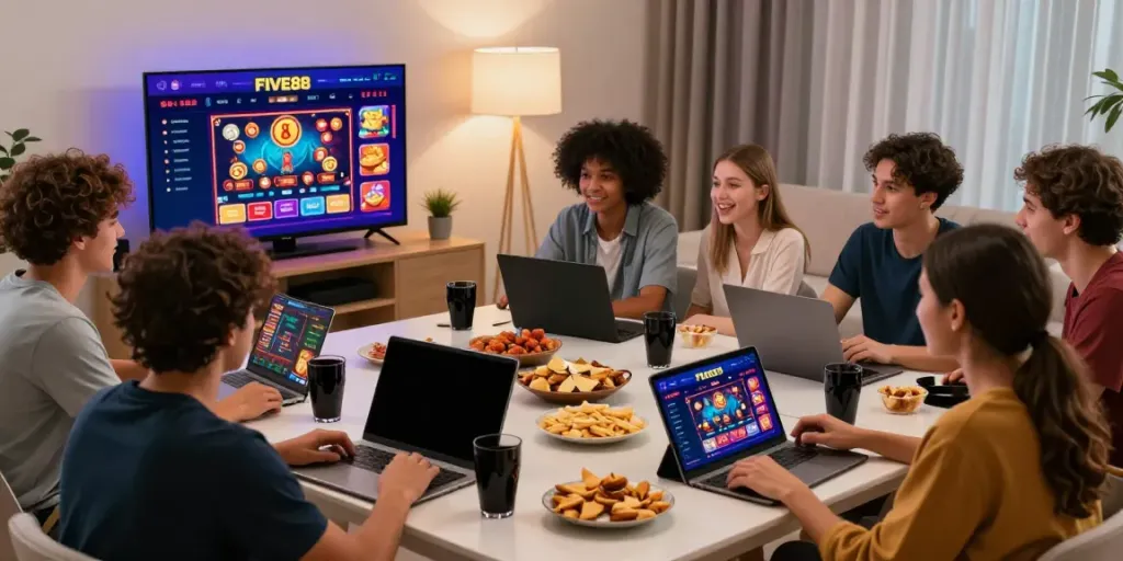 Exciting group of friends enjoying online gambling at FIVE88 with modern living room setup.