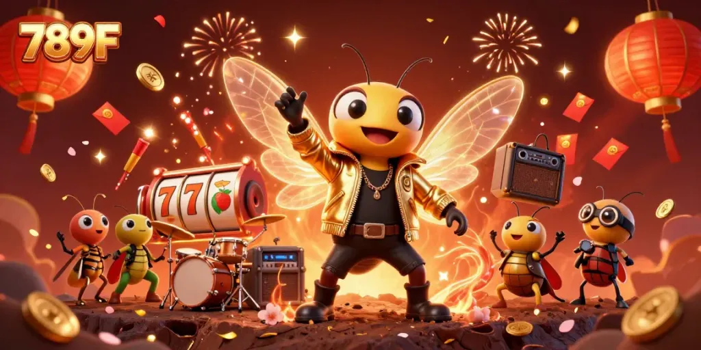 Experience the excitement of 789F with a 3D cartoon cicada rock star amidst slot reels, fireworks, and festive elements.