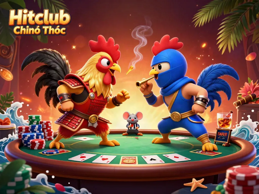 Engage in thrilling poker battles with Hitclub Chính Thức's unique fighting rooster illustration.