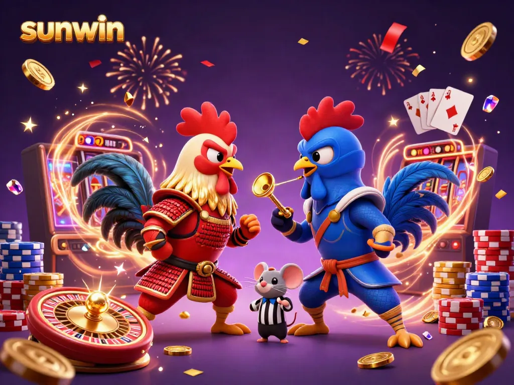 Engage in thrilling action at Sunwin with dynamic cartoon roosters and golden casino elements.