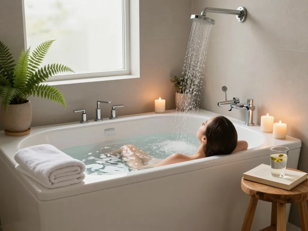 Relaxen in een stijlvol zitbad in een serene moderne badkamer met rustgevende decoratie.